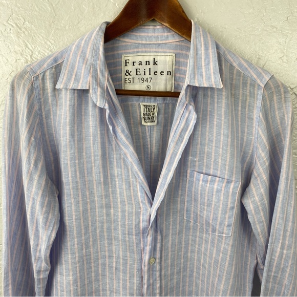 Frank & Eileen Barry button down Linen blouse, pale blue & pink pin-stripe Small - Picture 3 of 11